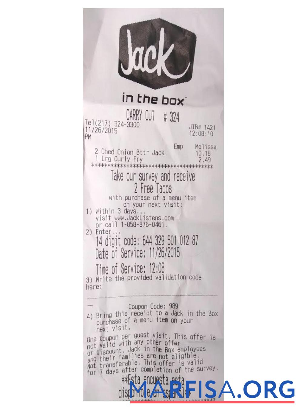 Printable JACK payment receipt example